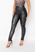 Load image into Gallery viewer, Black Faux Leather Ruched Trousers
