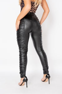 Black Faux Leather Ruched Trousers