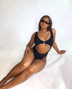 Black Open Front One Piece Swimsuit